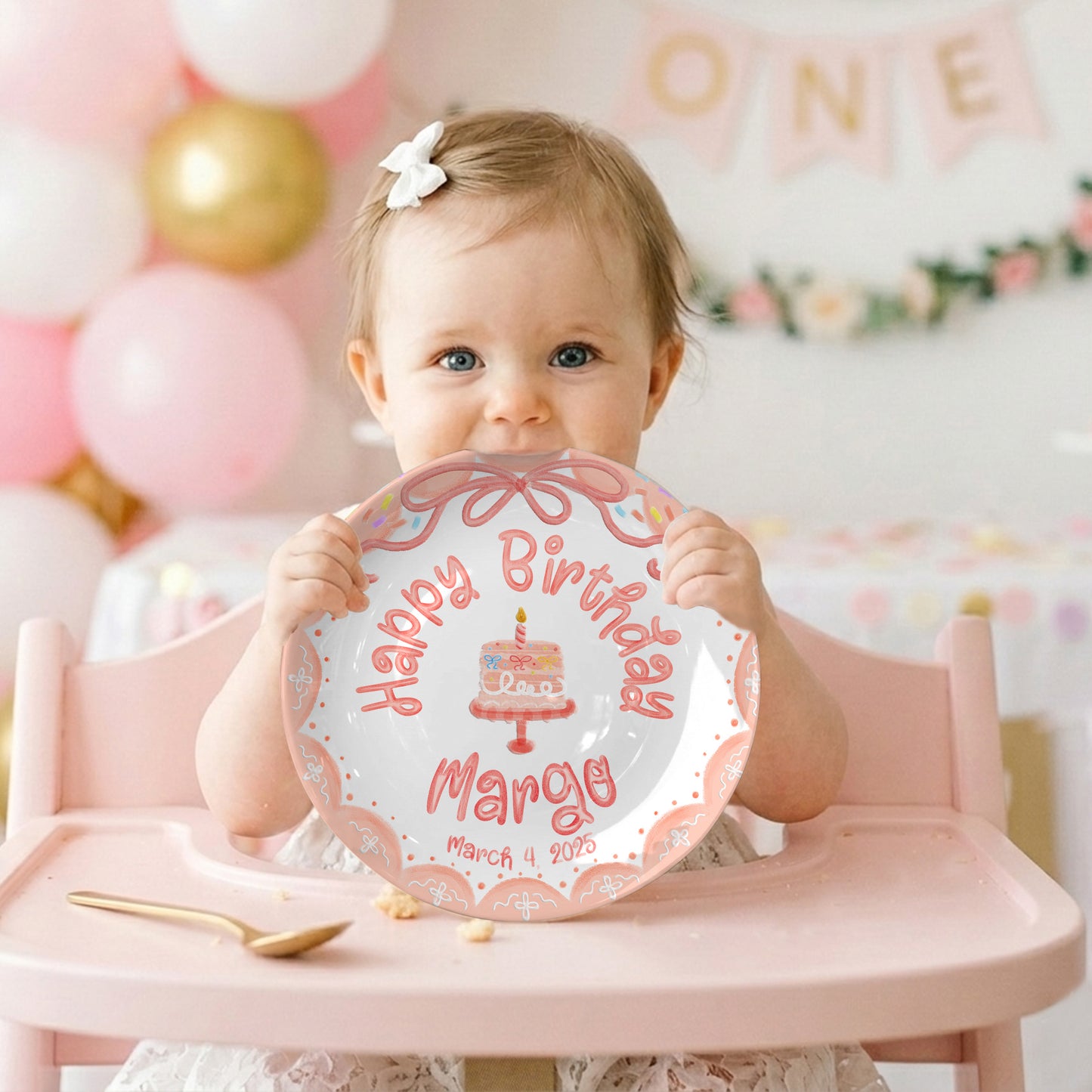 Peach Bow with Cake and Scalloped Border Personalized Birthday Plate P119S2B0