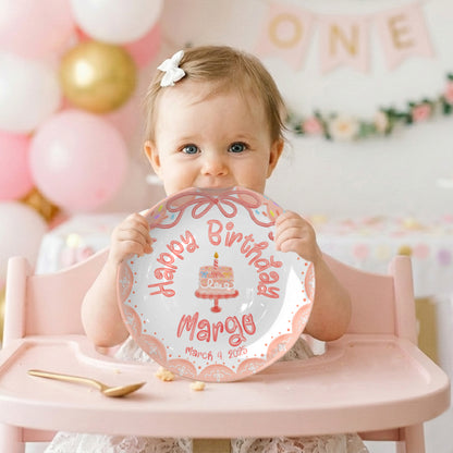 Peach Bow with Cake and Scalloped Border Personalized Birthday Plate P119S2B0