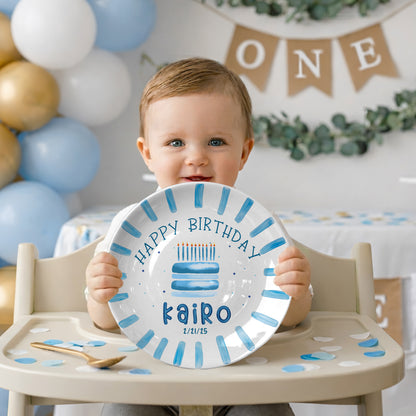 Blue Cake and Brush Stroke Border Personalized Birthday Plate P111BC60