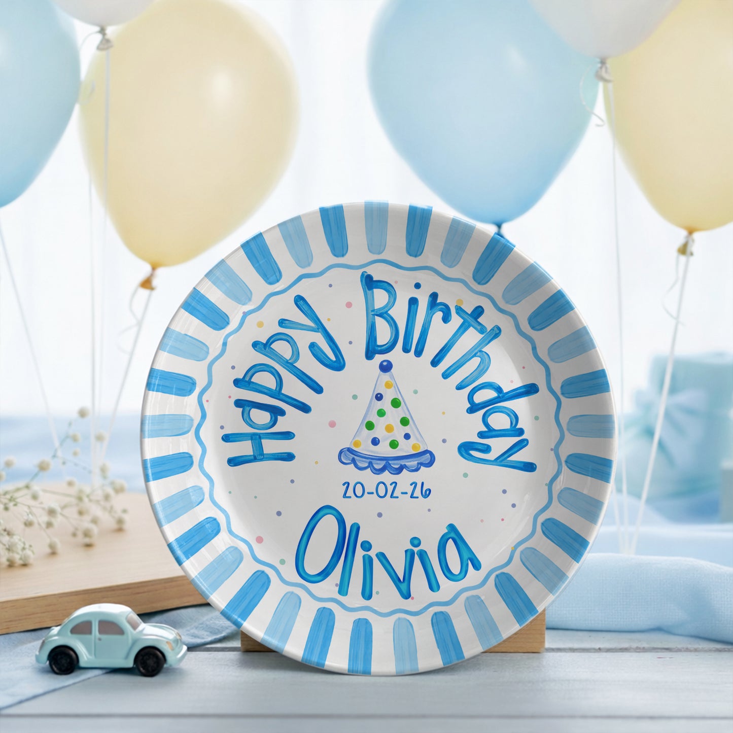 Blue Border and Confetti Party Hat Personalized Birthday Plate P314QKG0