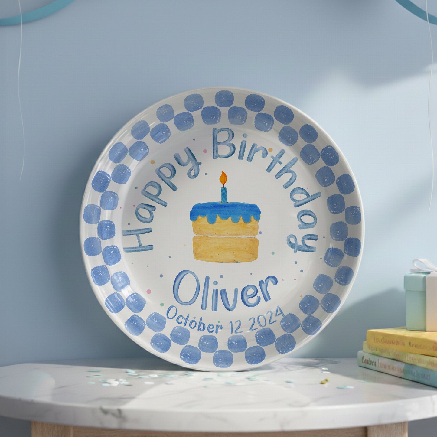 Blue Dot Cake Personalized Birthday Plate P31751E0