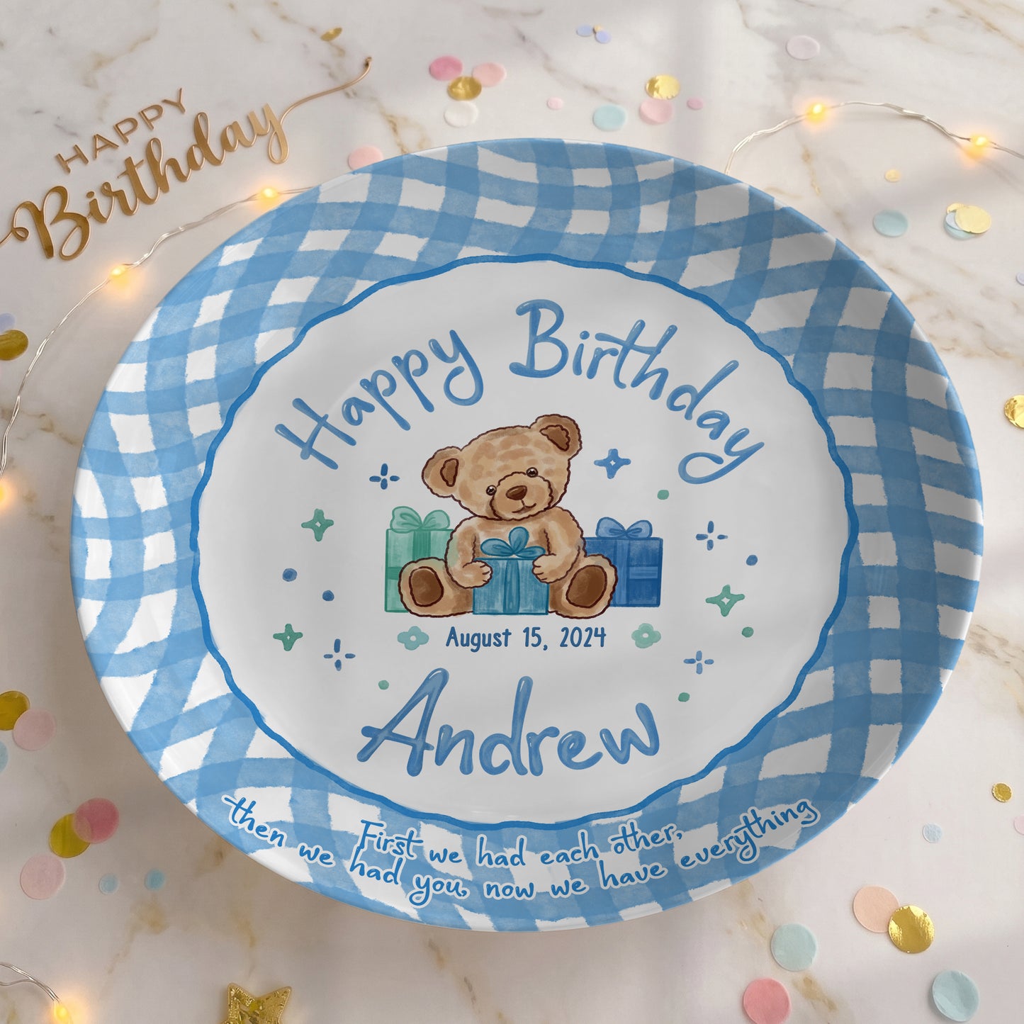 Blue Teddy Bear Birthday Keepsake Personalized Birthday Plate for Baby Boy P625FJ00