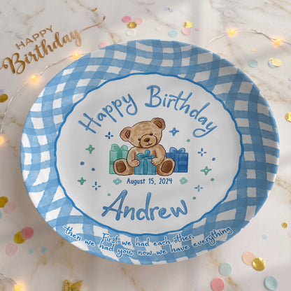 Blue Teddy Bear Birthday Keepsake Personalized Birthday Plate for Baby Boy P625FJ00
