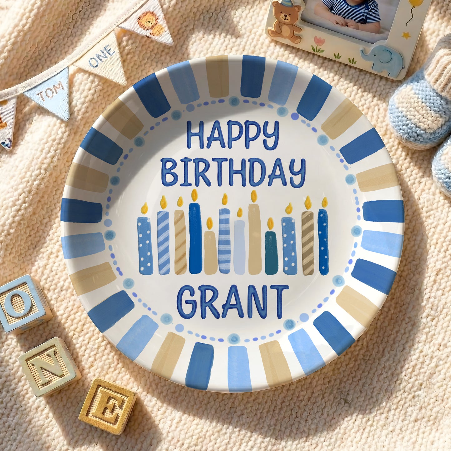 Blue and Tan Striped Border with Birthday Candles Personalized Birthday Plate D49EZG0
