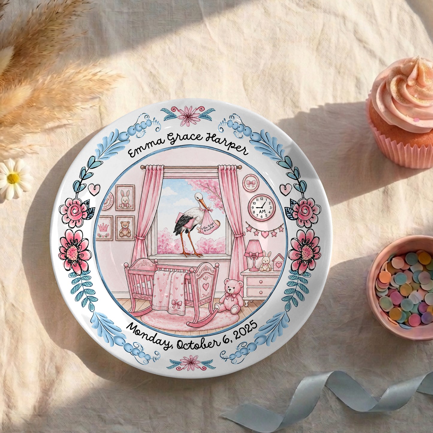 Pink Nursery Room with Stork and Floral Border Personalized Birthday Plate P518MN50
