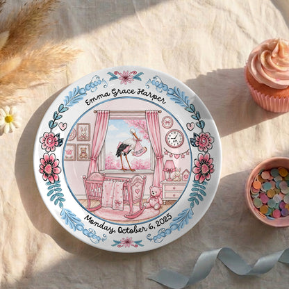 Pink Nursery Room with Stork and Floral Border Personalized Birthday Plate P518MN50