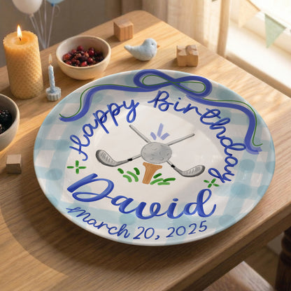 Blue Golf Bow Personalized Birthday Plate for Boys P511RLD0
