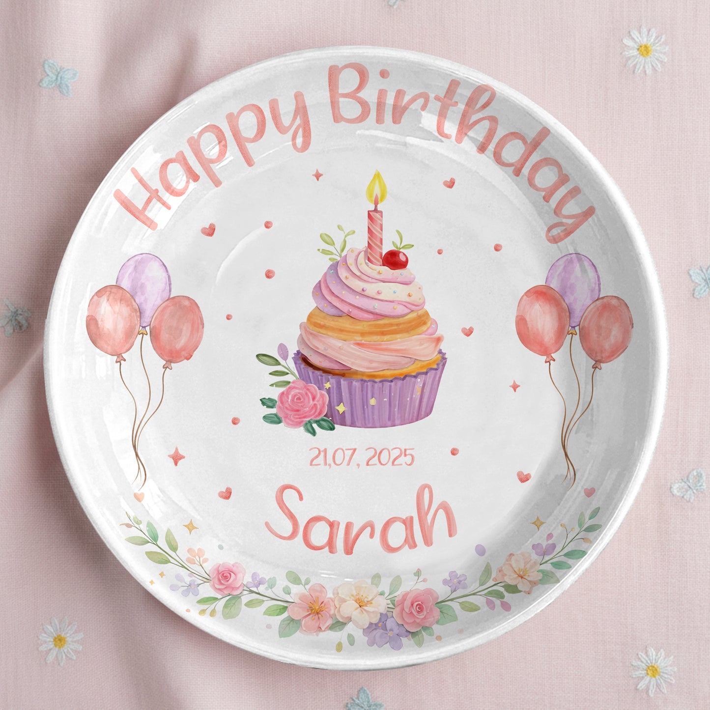 Cupcake with Balloons and Floral Personalized Birthday Plate D319DJS0