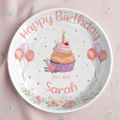 Cupcake with Balloons and Floral Personalized Birthday Plate D319DJS0