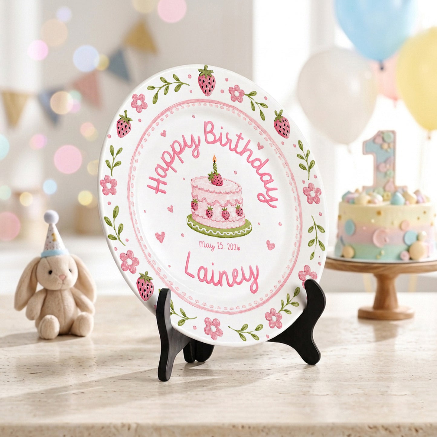 Strawberry Floral Cake Keepsake Ceramic Personalized Birthday Plate for Kids P83M4Y0