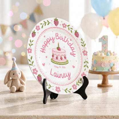 Strawberry Floral Cake Keepsake Ceramic Personalized Birthday Plate for Kids P83M4Y0