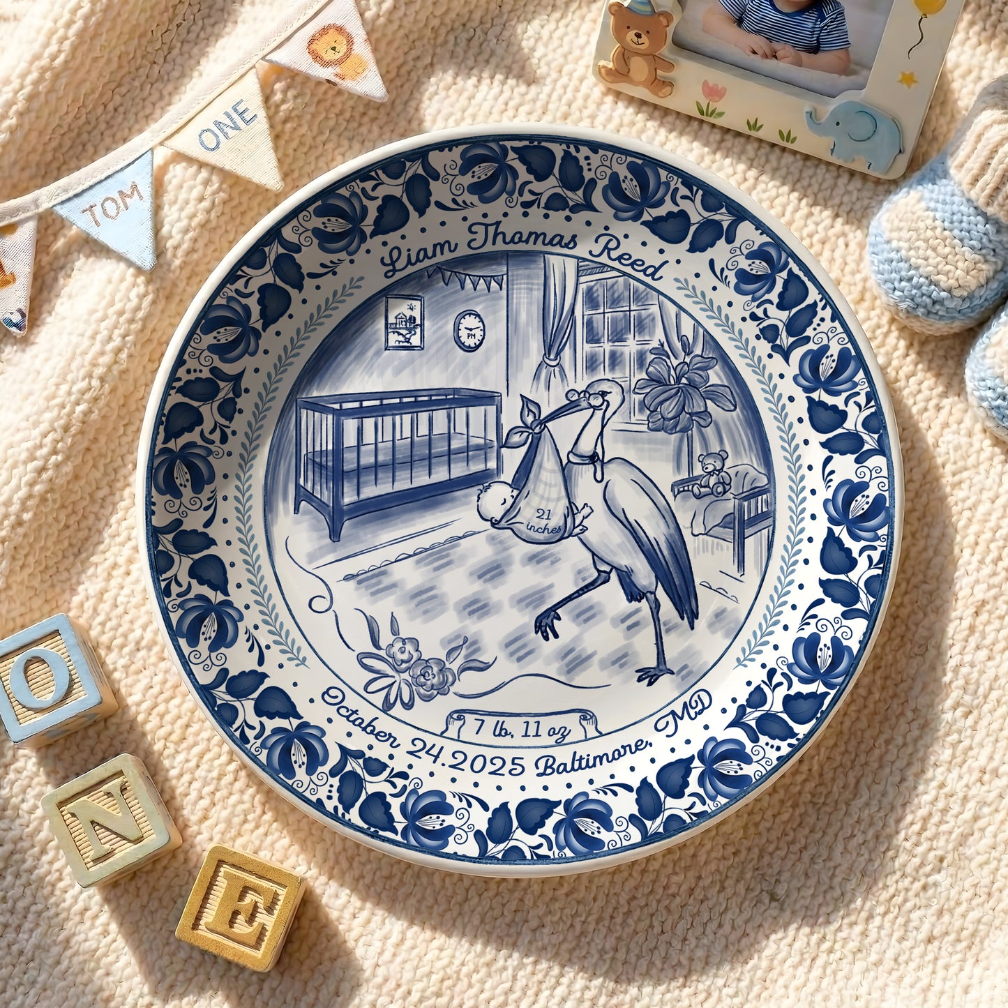 Blue Stork Nursery Personalized Birthday Plate P518MIY0