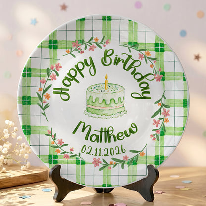 Green Gingham Daisy Birthday Keepsake Personalized Birthday Plate P627TBG0
