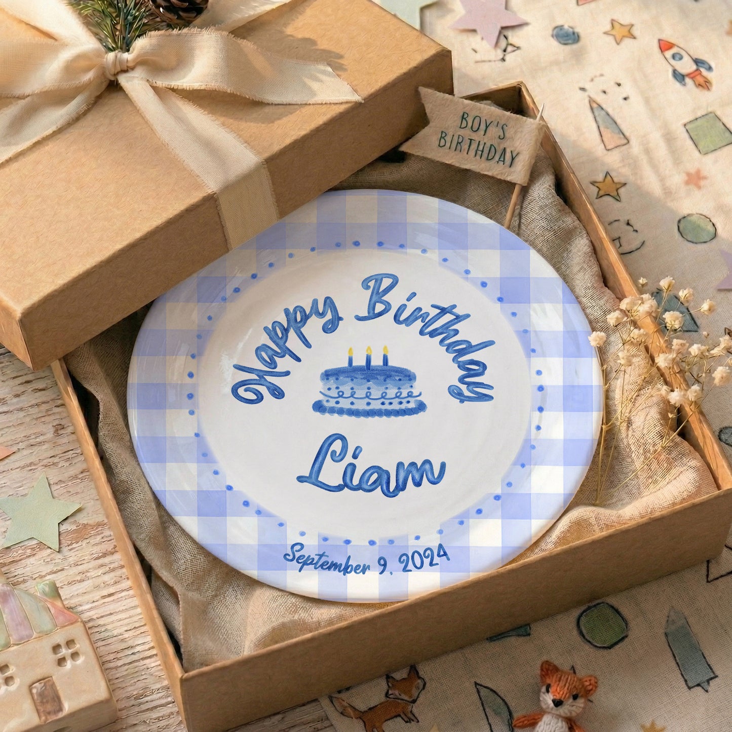 Blue Gingham Border with Blue Birthday Cake Personalized Birthday Plate P415SDU0