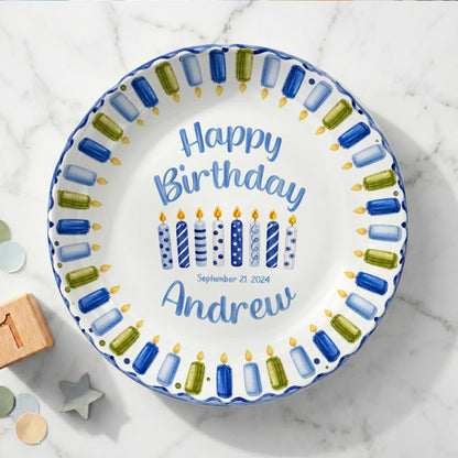 Blue Green Candle Border Personalized Birthday Plate P528HJP0