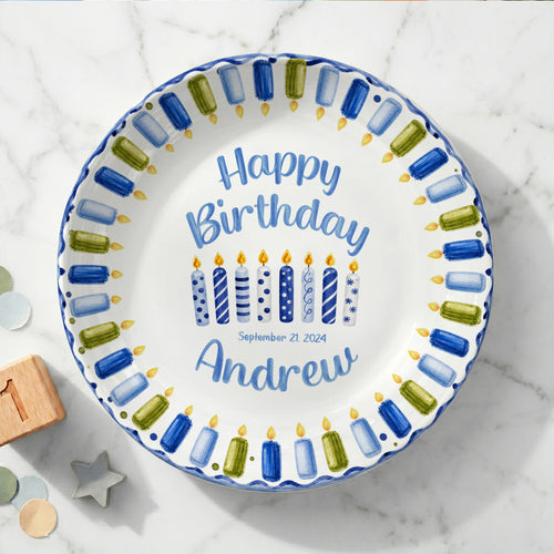 Blue Green Candle Border Personalized Birthday Plate P528HJP0