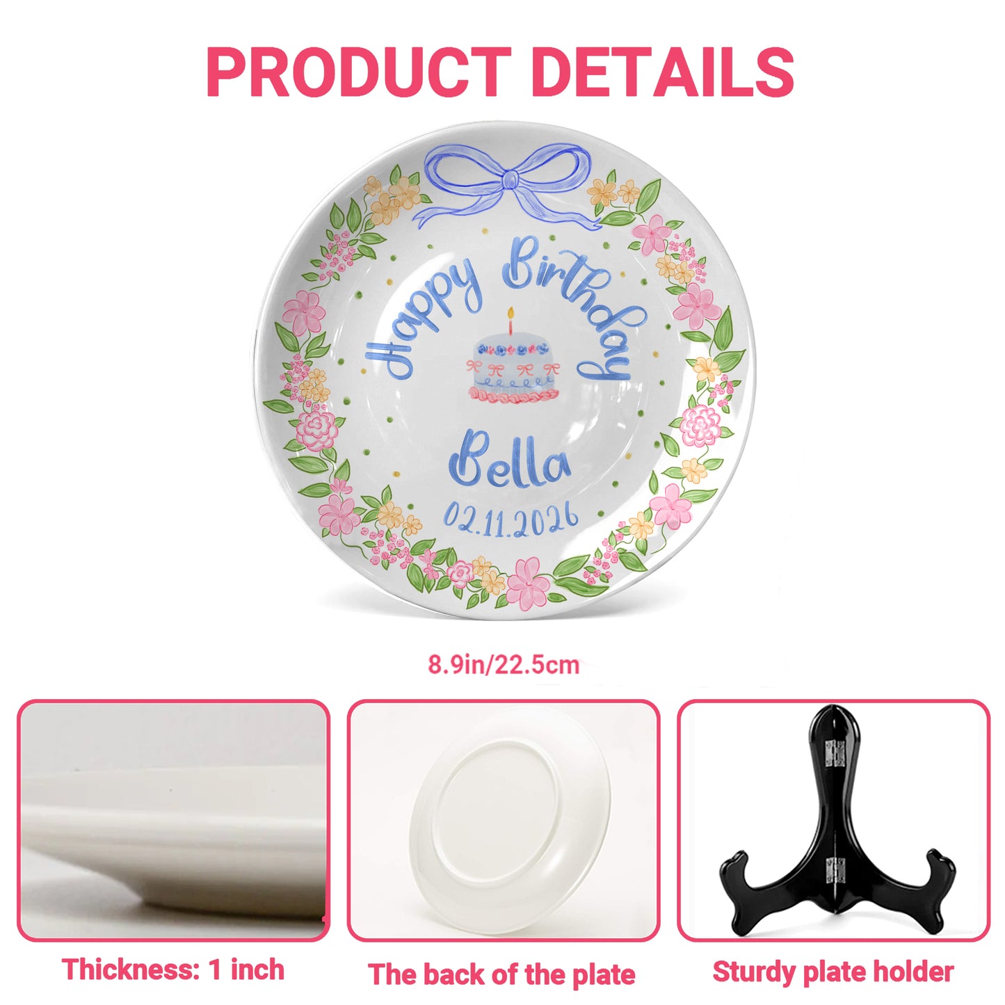 Blue Bow Flower Border Personalized Birthday Plate P311I7Y0