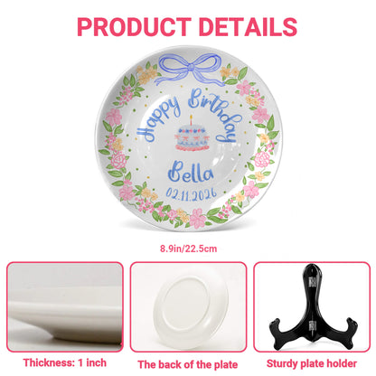 Blue Bow Flower Border Personalized Birthday Plate P311I7Y0