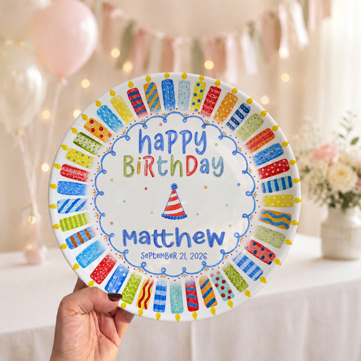 Colorful Candle Celebration Custom Name Ceramic Keepsake Personalized Birthday Plate P82509W0