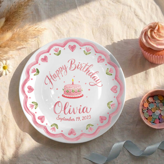 Pink Scallop Heart Border with Floral Birthday Cake Personalized Birthday Plate P415VCJ0