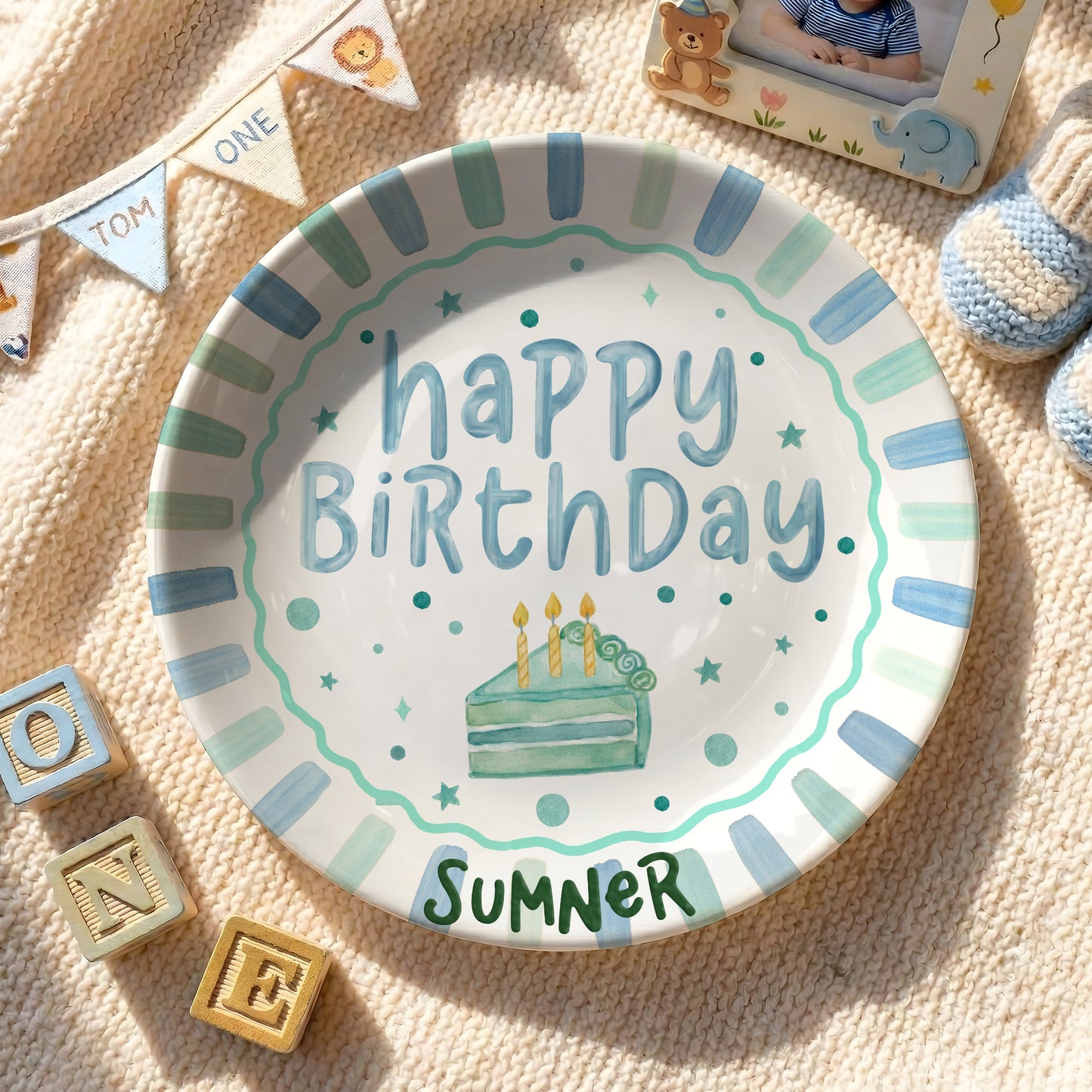 Blue and Mint Striped Border with Teal Cake Slice Personalized Birthday Plate D43D5V0