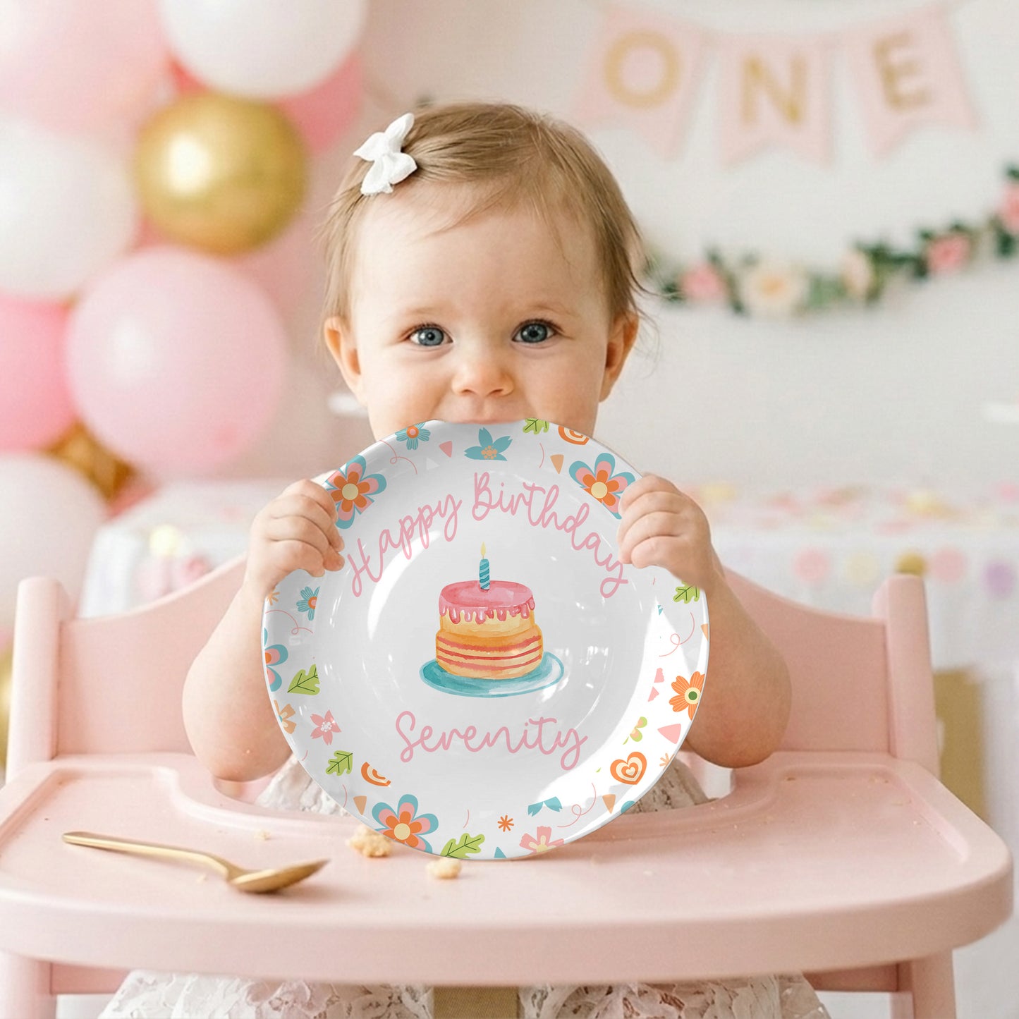 Colorful Floral with Cake Personalized Birthday Plate D92YJX0