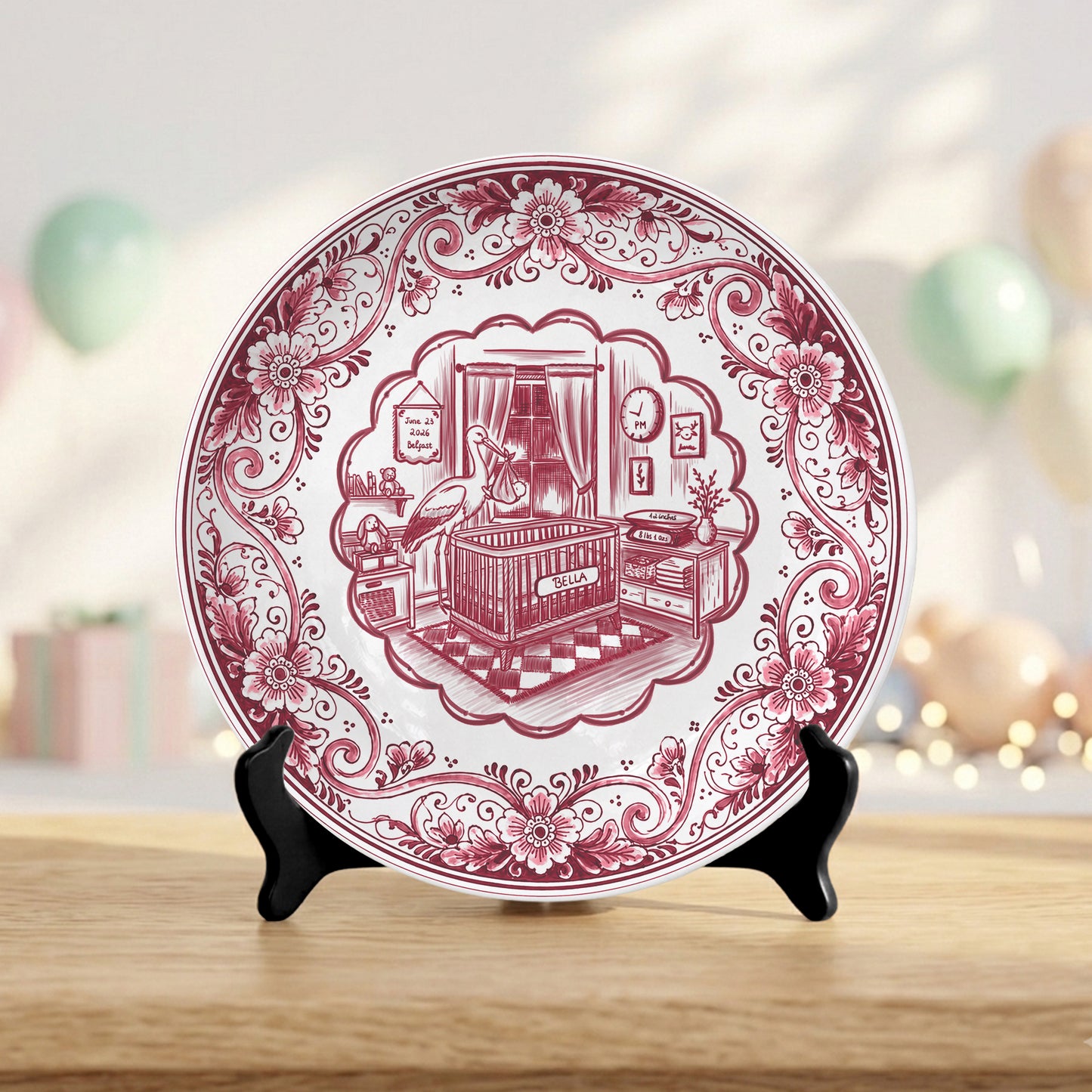 Pink Delft Newborn Birth Announcement Custom Ceramic Personalized Birthday Plate P820NIX0