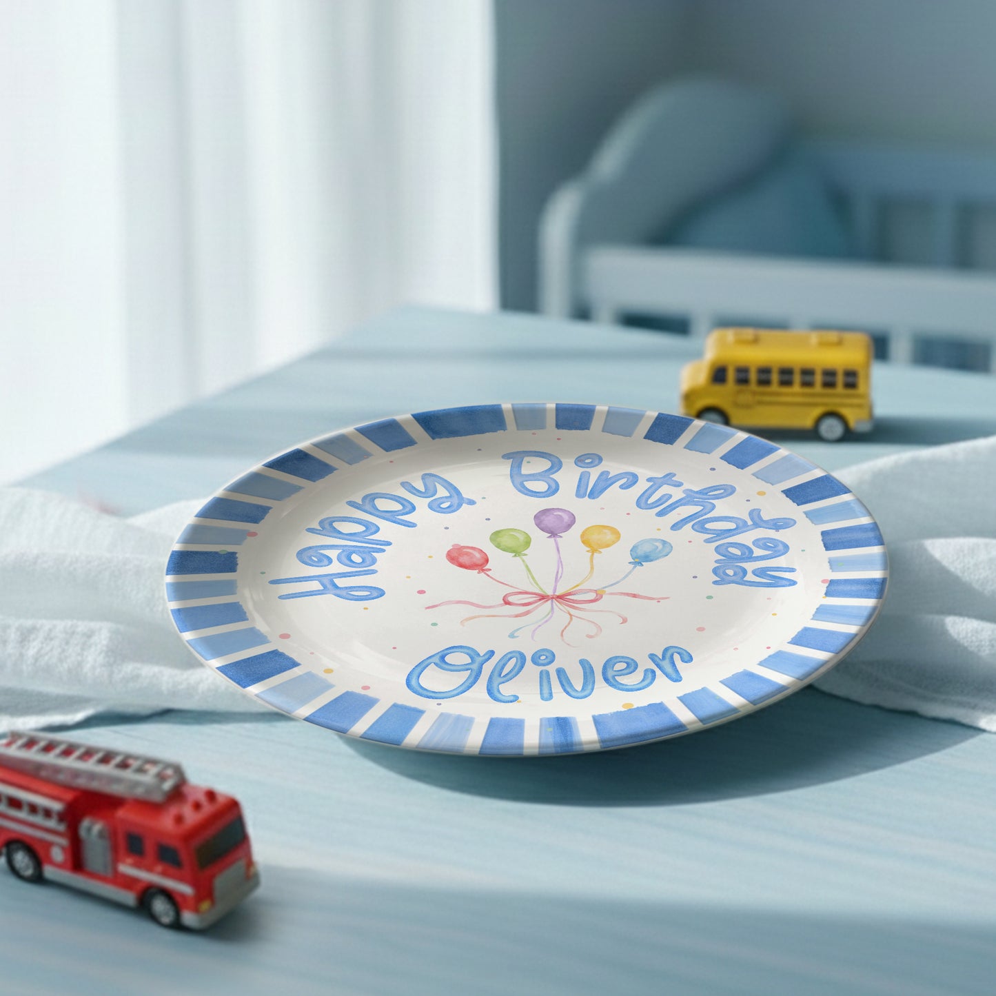 Blue Striped Balloon Personalized Birthday Plate P225XBR0