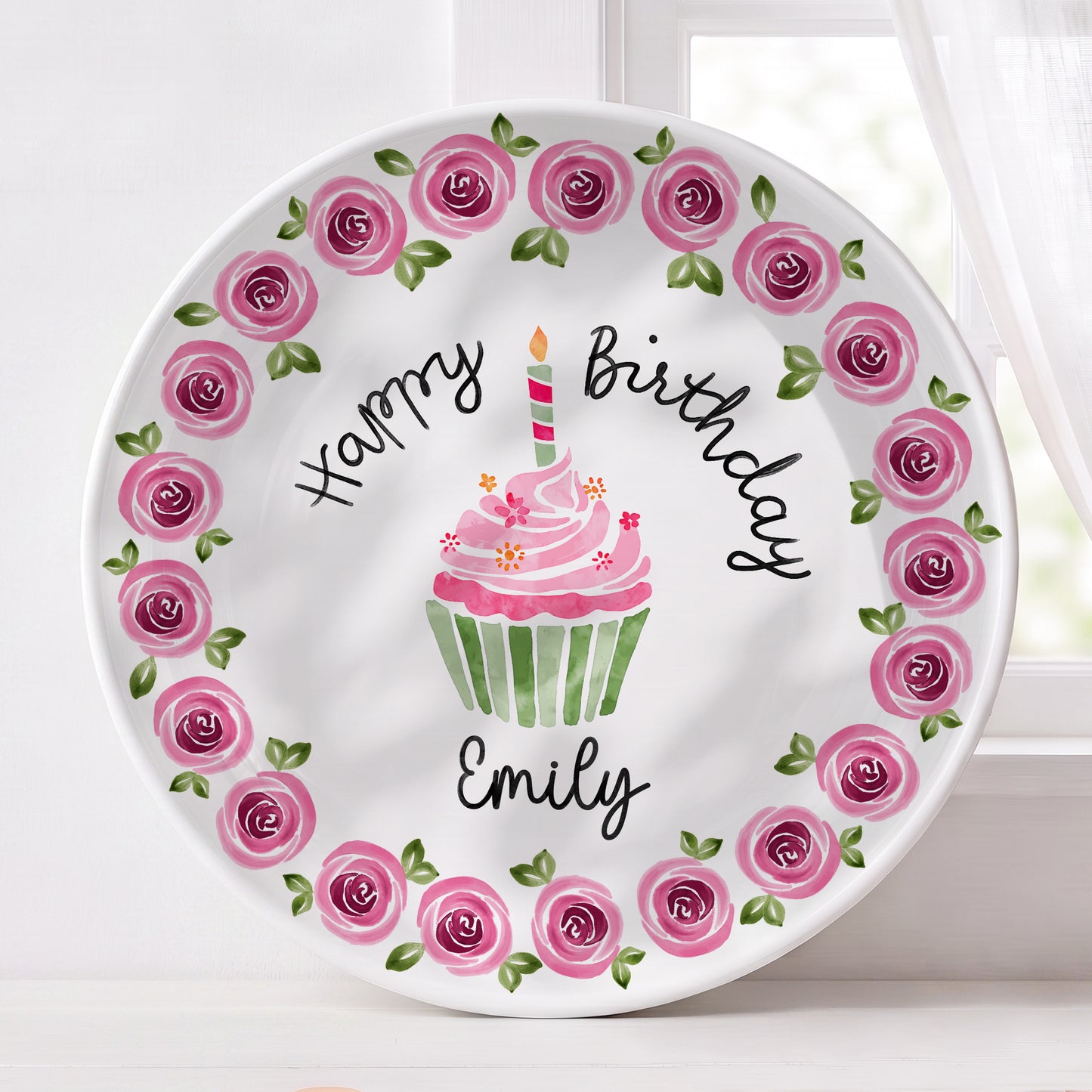 Pink Rose Cupcake Birthday Keepsake Personalized Birthday Plate P626IC7TT