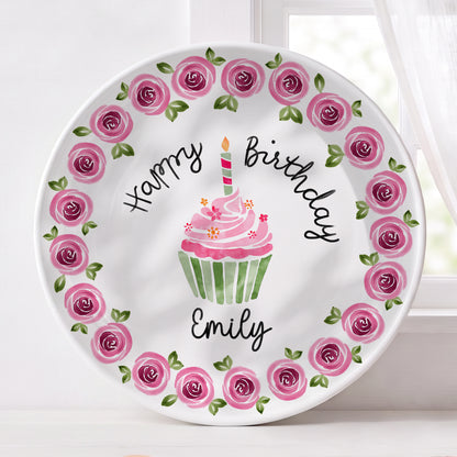 Pink Rose Cupcake Birthday Keepsake Personalized Birthday Plate P626IC7TT