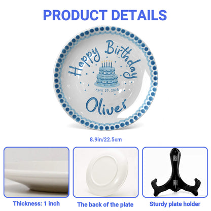 Blue Dotted Border and Cake Personalized Birthday Plate P32WRE0