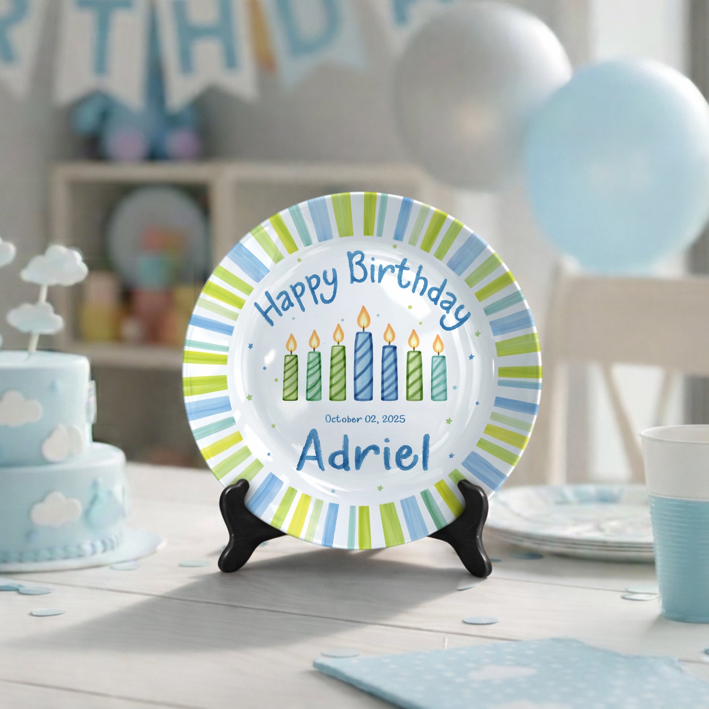 Blue Green Stripe Candle Personalized Birthday Plate for Kids D321PXW0