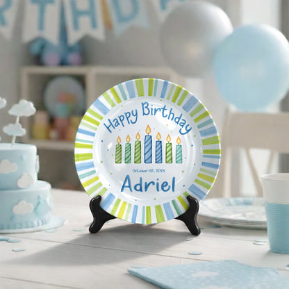 Blue Green Stripe Candle Personalized Birthday Plate for Kids D321PXW0