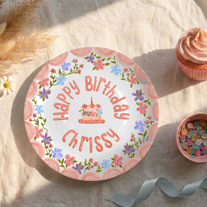 Pink Scallop Border with Colorful Floral Wreath Personalized Birthday Plate P42VPA0