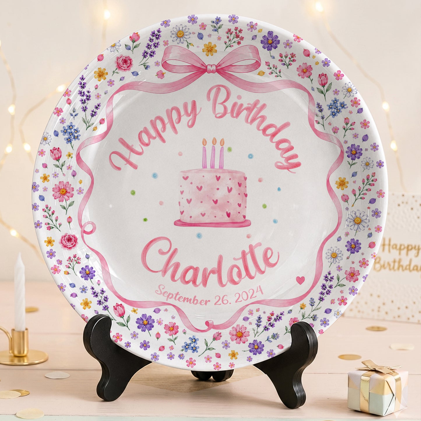 Pink Bow Floral Cake Personalized Birthday Plate P624WCW0
