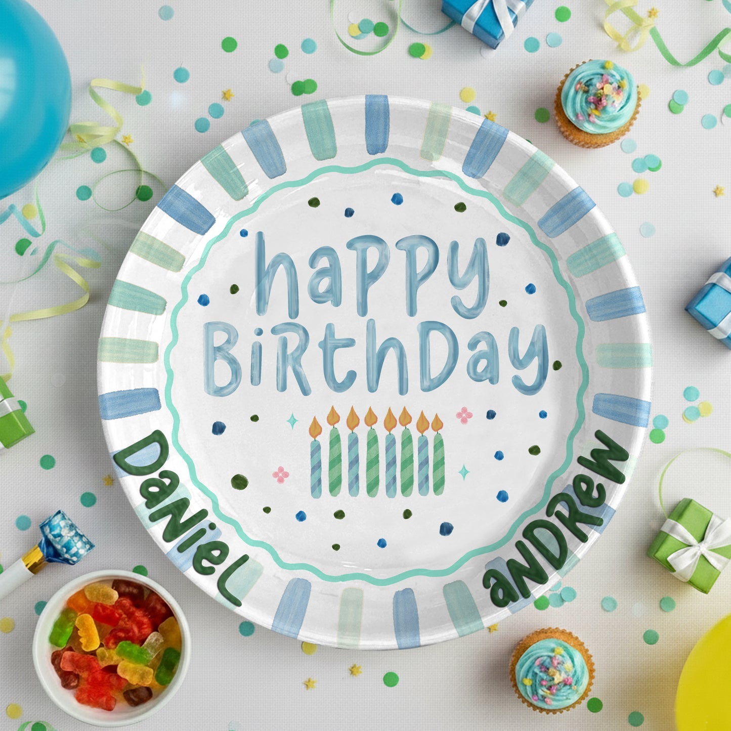 Blue Green Candles and Striped Border Personalized Birthday Plate P1024AQC0#2