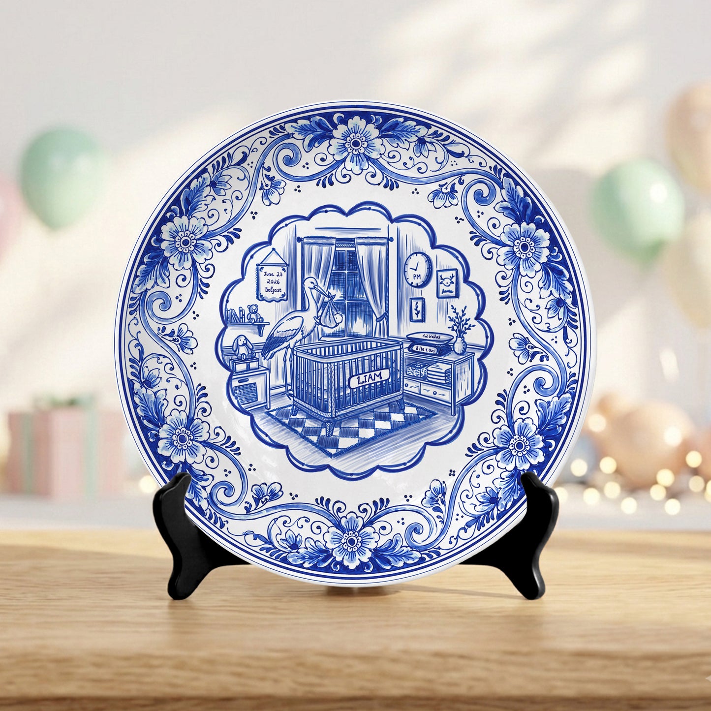 Delft Blue Newborn Birth Stats Custom Ceramic Keepsake Personalized Birthday Plate P820H8A0