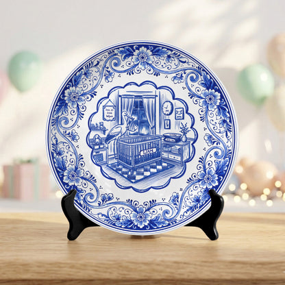 Delft Blue Newborn Birth Stats Custom Ceramic Keepsake Personalized Birthday Plate P820H8A0