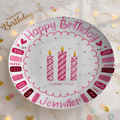 Pink Candle Border with Three Birthday Candles Personalized Birthday Plate P626WXMTT