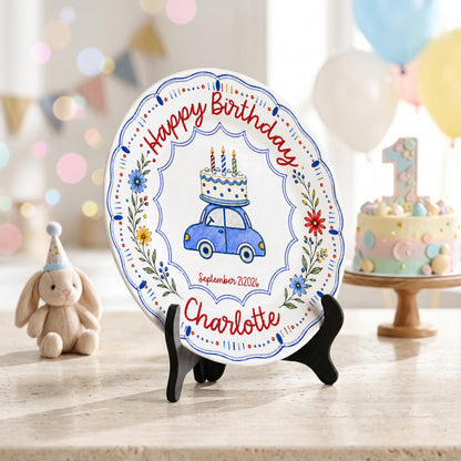 Blue Car Floral Personalized Birthday Plate for Kids Keepsake Gift P8124VP0