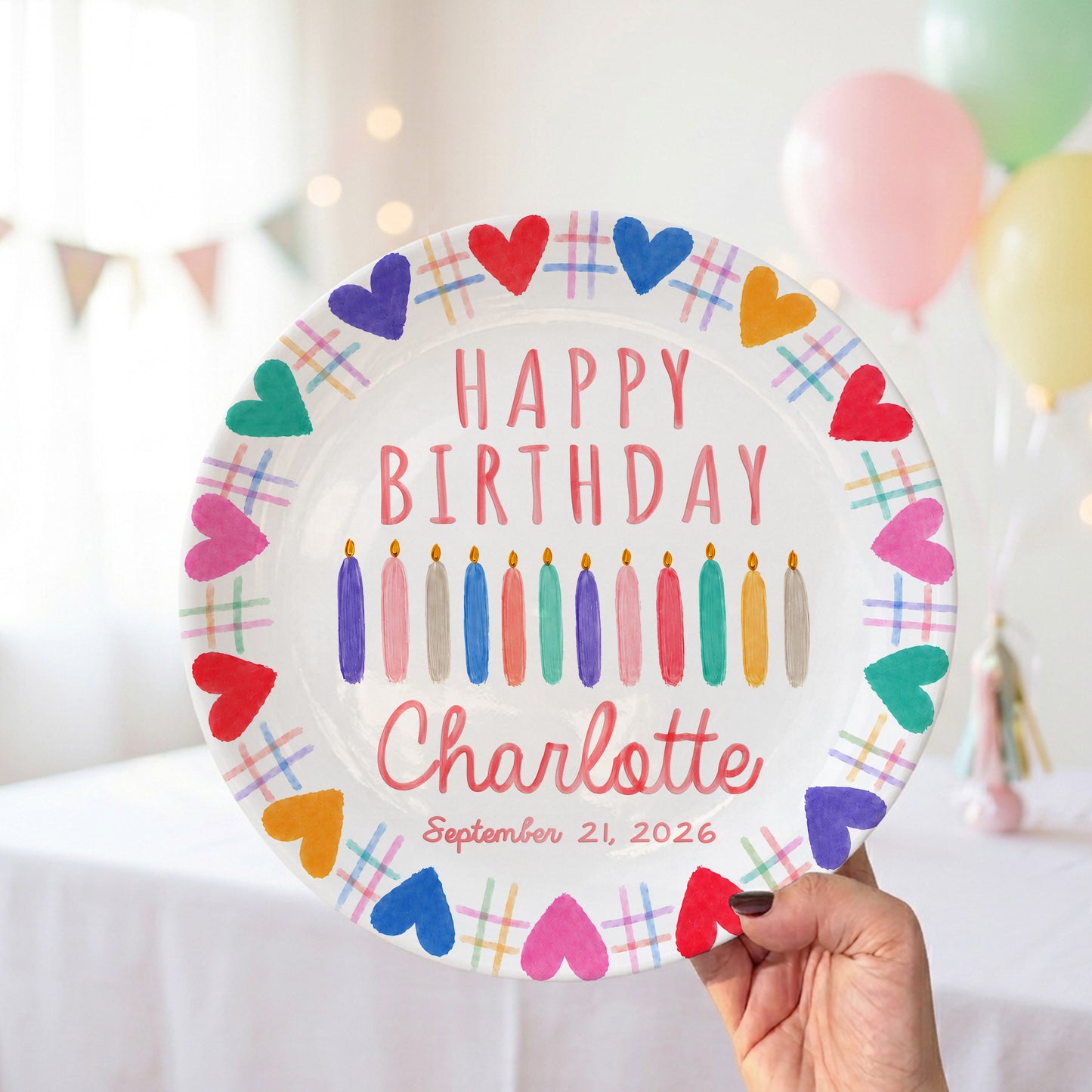 Rainbow Hearts Birthday Keepsake Personalized Birthday Plate P716T2N0