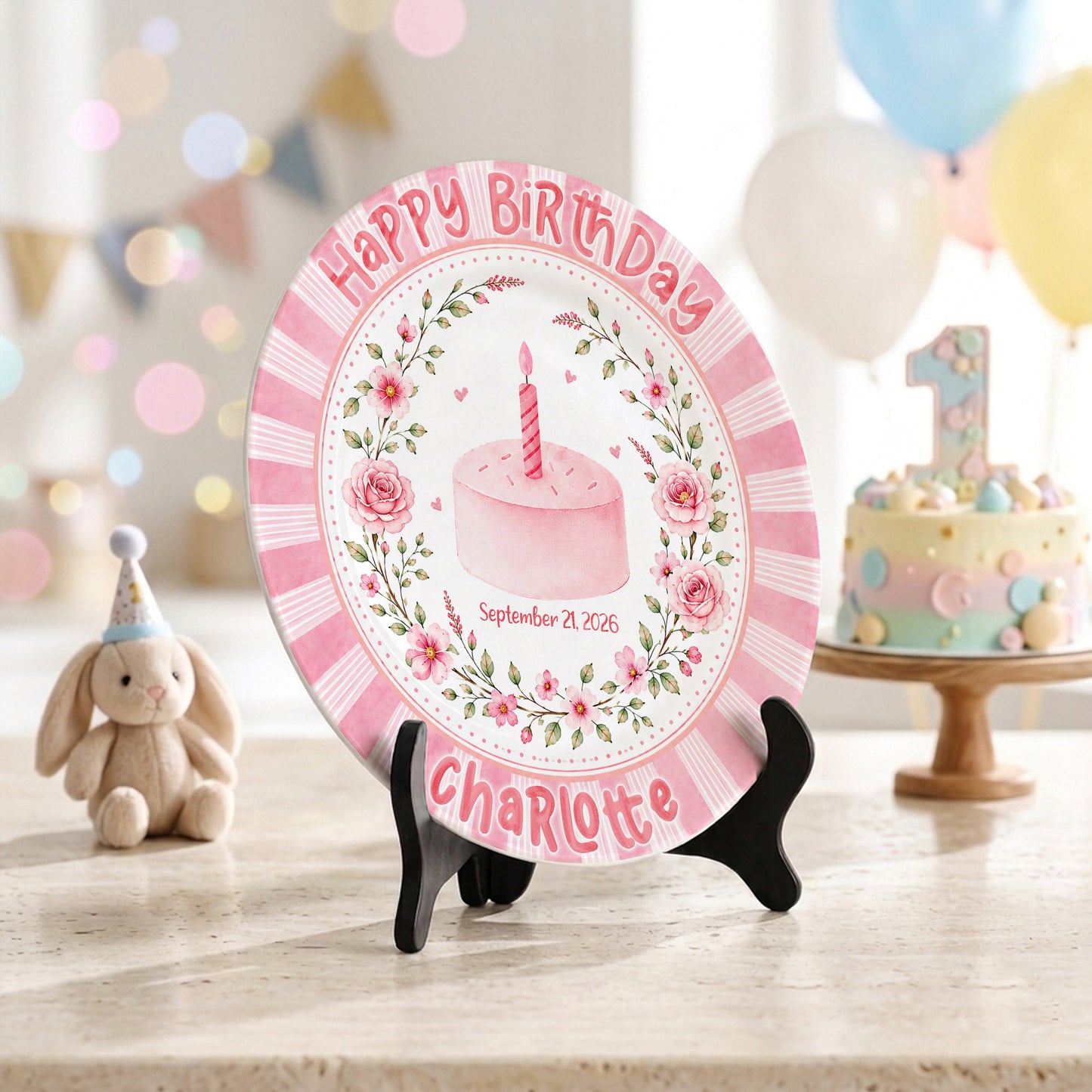 Pink Floral Cake Keepsake Personalized Birthday Plate for Baby Girls P872UD0