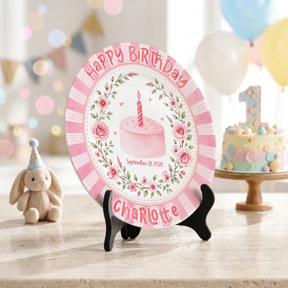 Pink Floral Cake Keepsake Personalized Birthday Plate for Baby Girls P872UD0