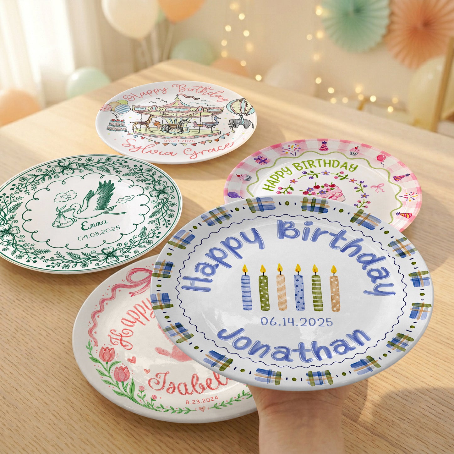 Blue Plaid Boys Custom Name First Birthday Personalized Birthday Plate P8245JH0