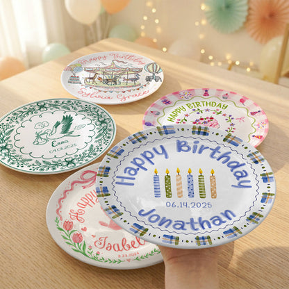 Blue Plaid Boys Custom Name First Birthday Personalized Birthday Plate P8245JH0