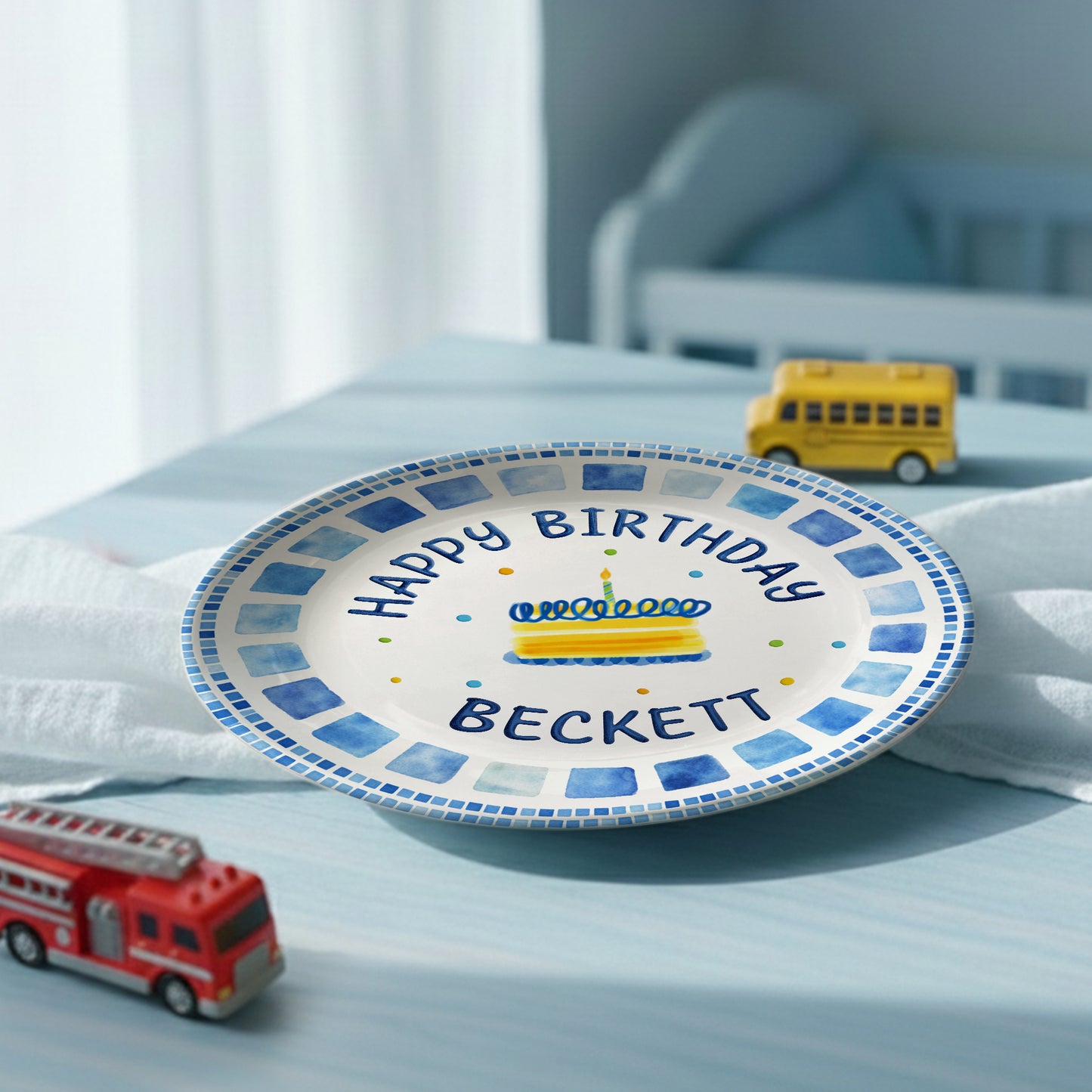 Blue Tile Border Cake Personalized Birthday Plate P228QZD0