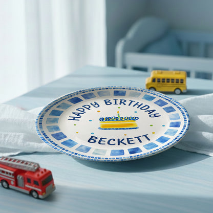 Blue Tile Border Cake Personalized Birthday Plate P228QZD0