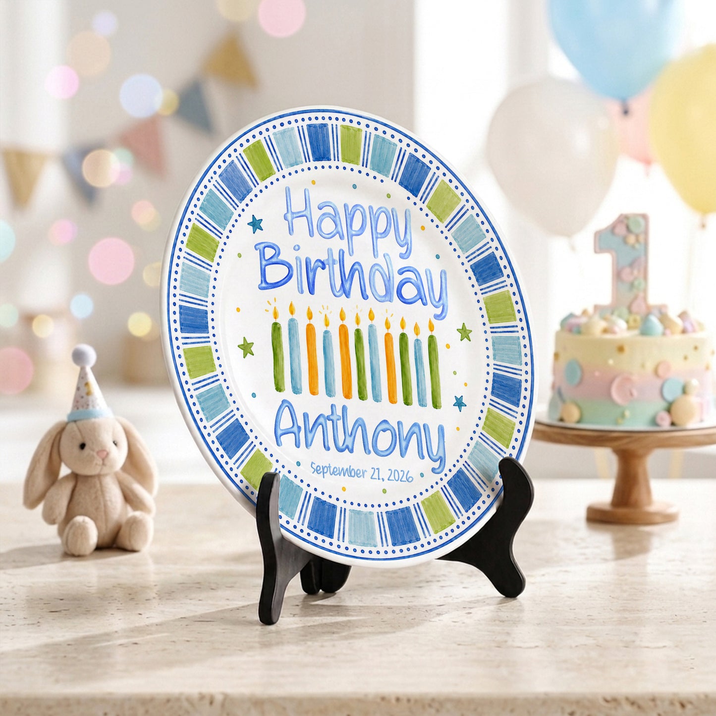 Blue Candle Celebration Personalized Birthday Plate for Kids Ceramic Keepsake Gift P728GIG0