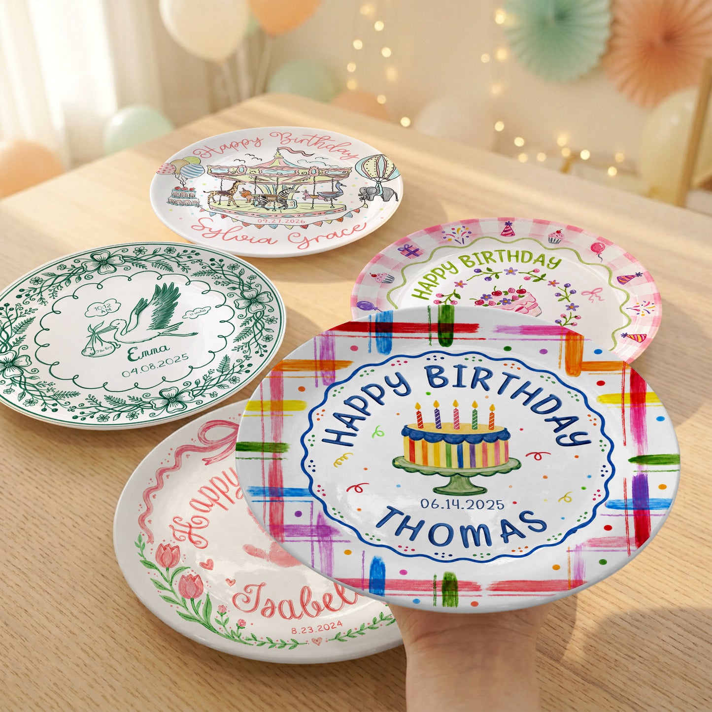 Colorful Cake Name Date Kids First Birthday Personalized Birthday Plate P815DJ50