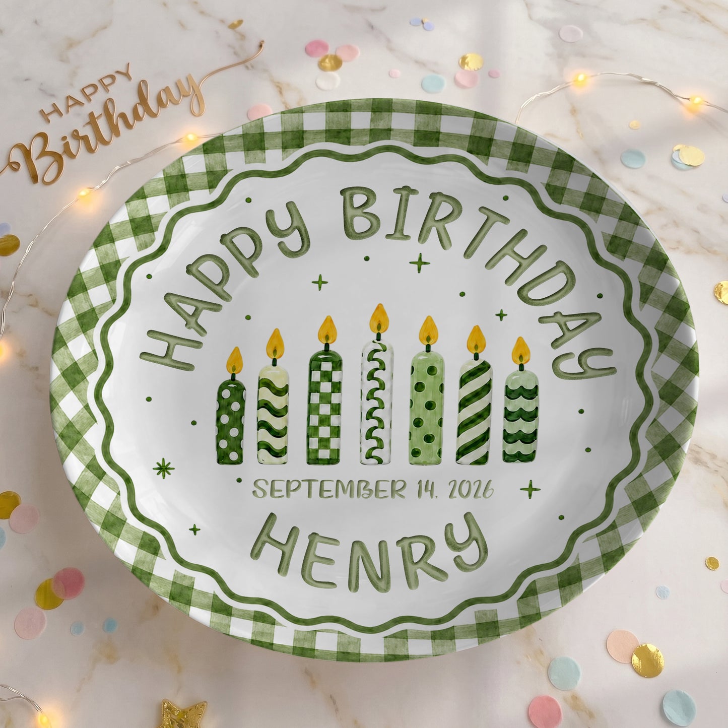 Green Gingham Birthday Candles Keepsake Personalized Birthday Plate for Kids P72333Z0